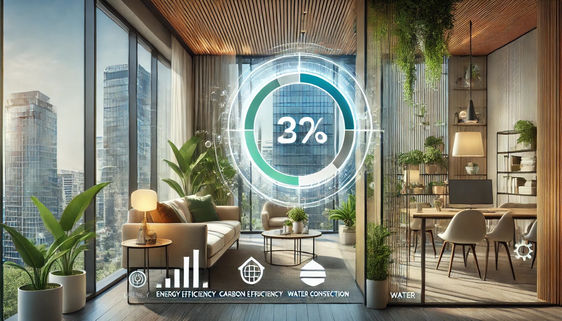DALL·E 2025-02-25 13.28.55 - A modern corporate housing setup with eco-friendly elements. The image features a well-furnished apartment with large windows allowing natural light, 