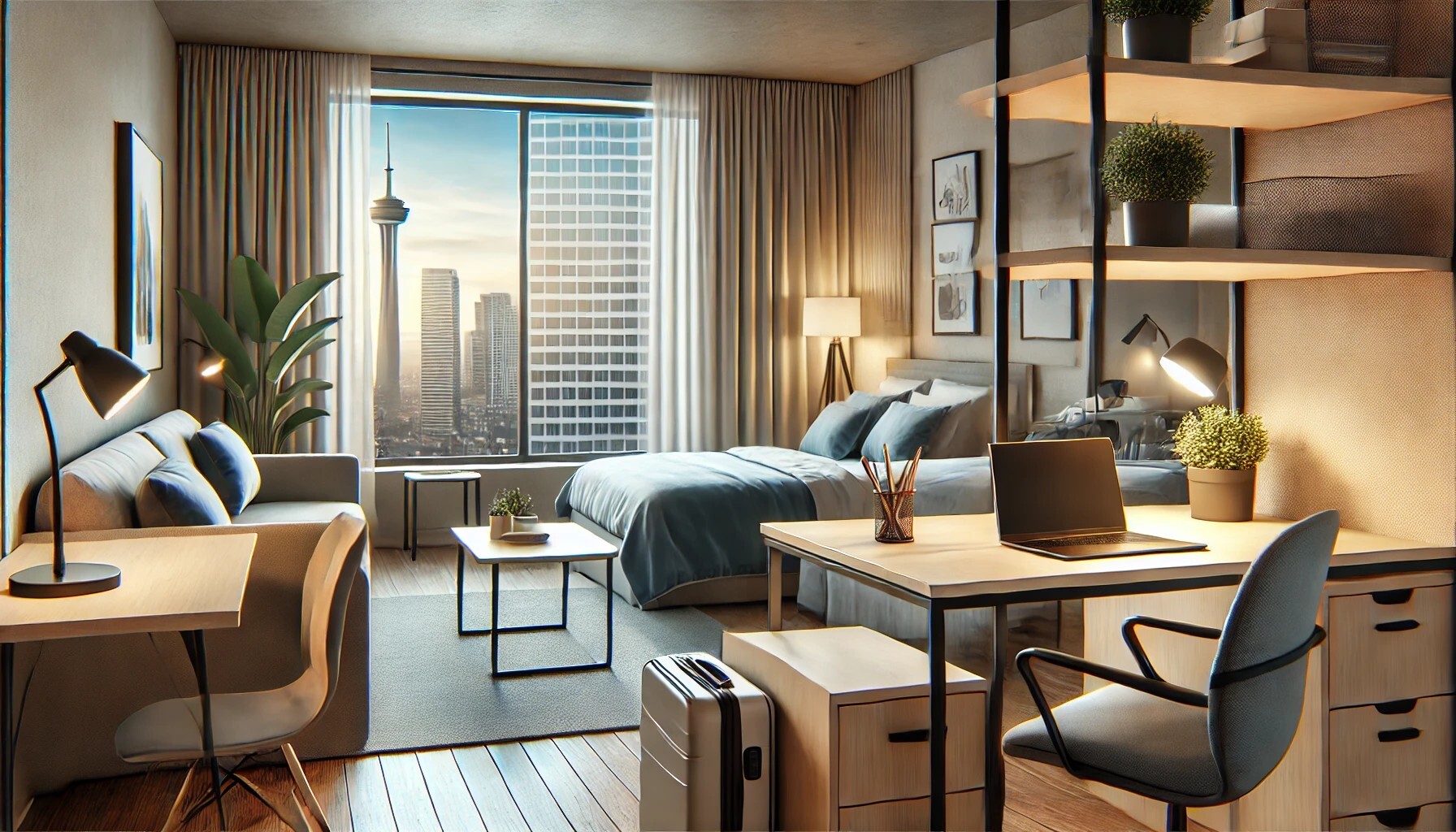 DALL·E 2025-02-25 18.02.58 - A realistic depiction of short-term corporate housing for specialized workers. The image shows a well-furnished apartment with a comfortable living ar