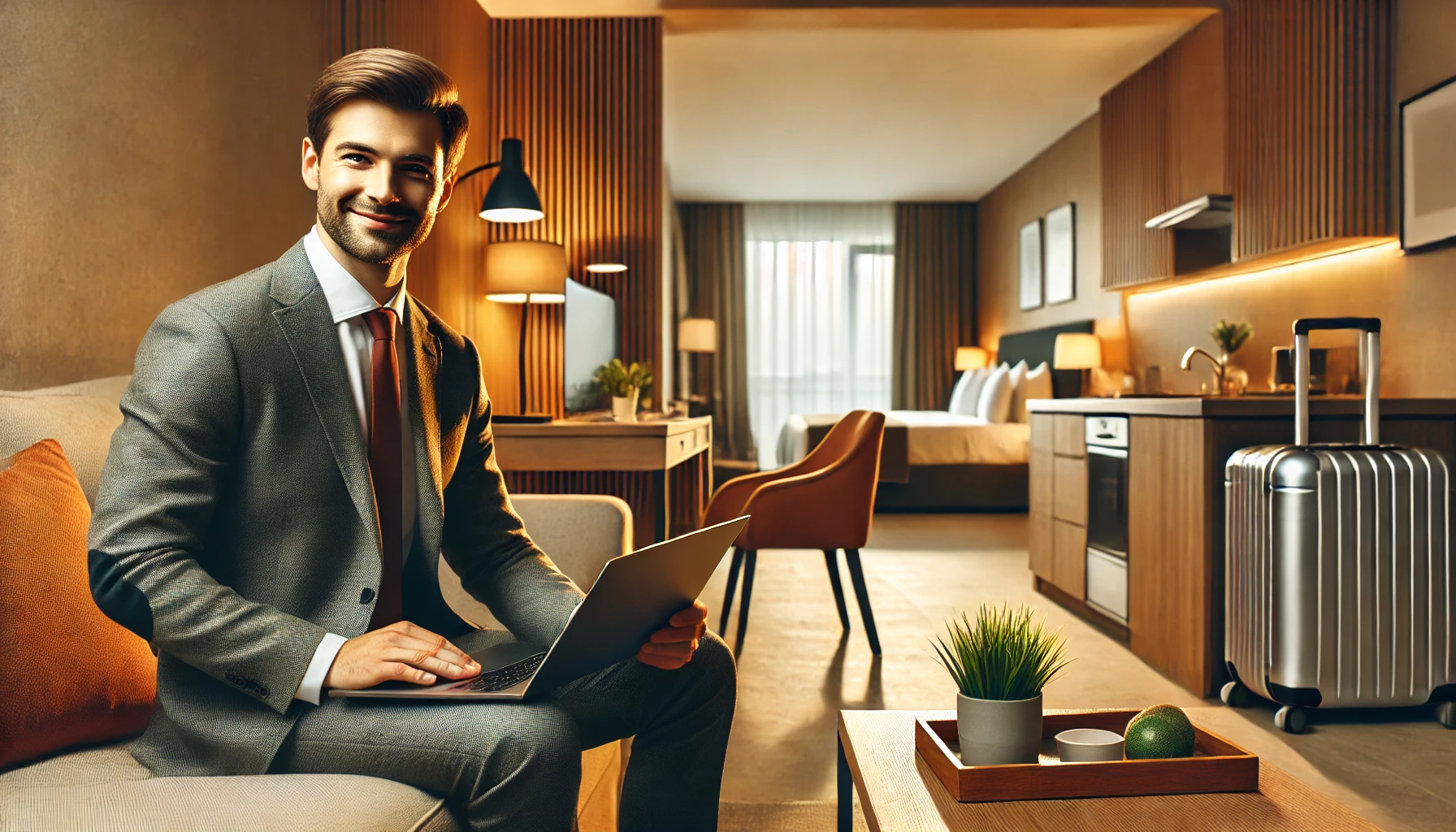 DALL·E 2025-03-26 17.19.05 - A professional business traveler in a modern, fully furnished corporate housing apartment. The apartment includes a spacious living area, a comfortabl